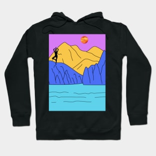 Animated Yoga Mountains Sun and River Graphic Hoodie